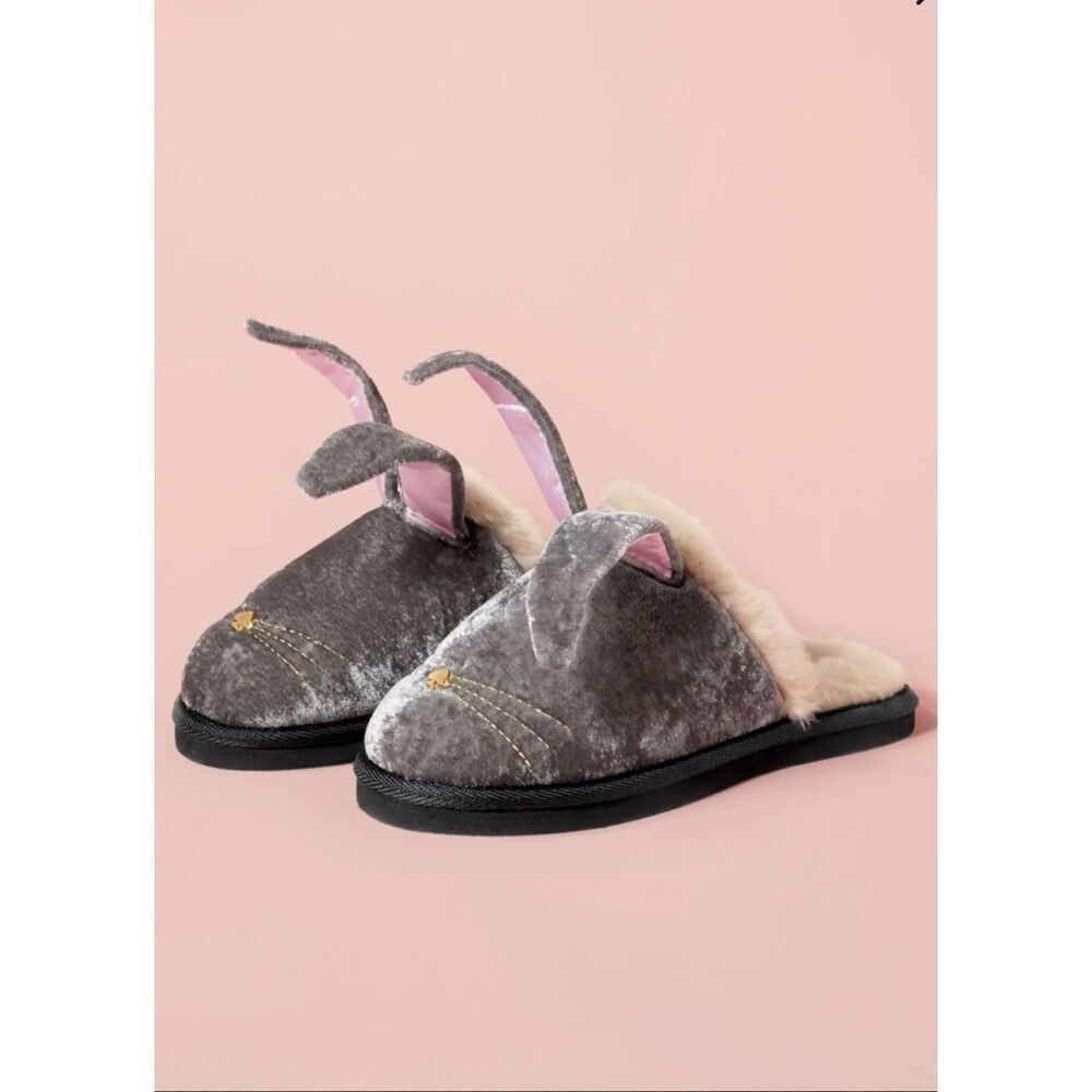 Kate Spade New York Bonnie‎ Bunny Slippers Grey Velvet Women’s 6 NEW Rare